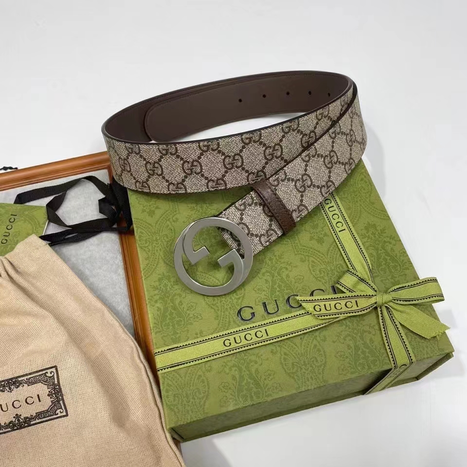 G*u*i unisex gg blondie belt round interlocking g buckle beige ebony supreme canvas