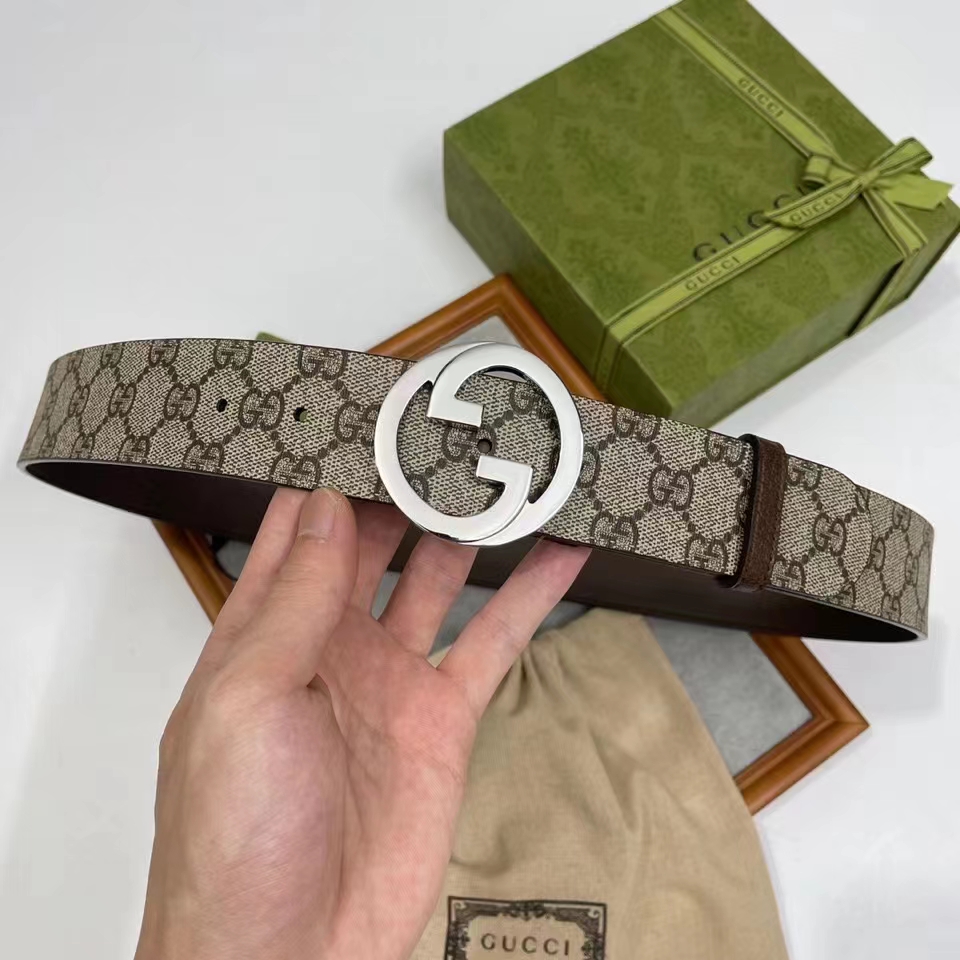 G*u*i unisex gg blondie belt round interlocking g buckle beige ebony supreme canvas
