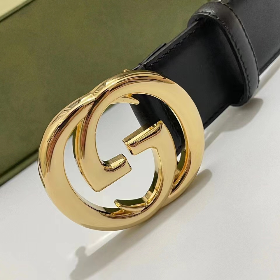 G*u*i unisex gg blondie belt round interlocking g buckle black leather 4 cm width