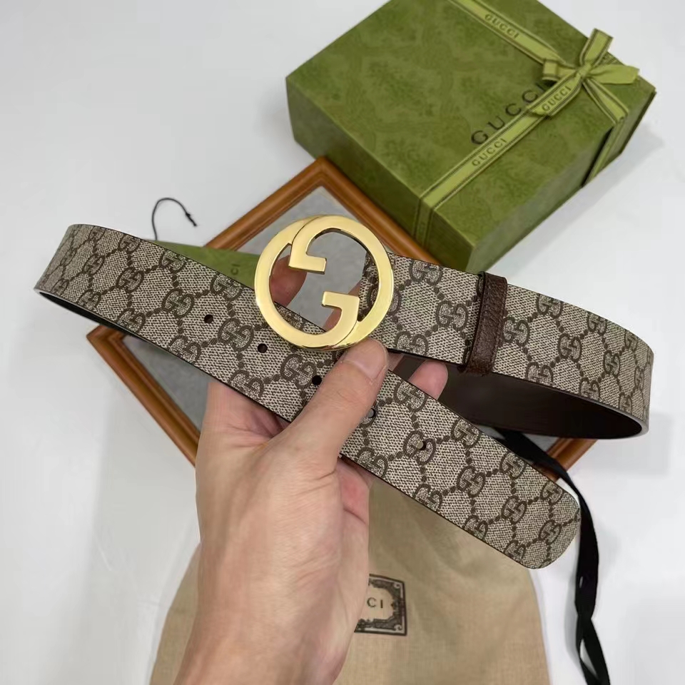 G*u*i unisex gg blondie belt round interlocking g buckle ebony beige supreme canvas