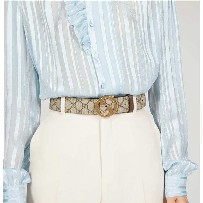 G*u*i unisex gg blondie belt round interlocking g buckle ebony beige supreme canvas
