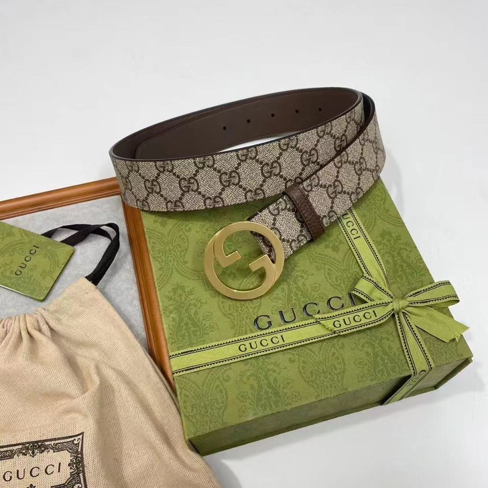 G*u*i unisex gg blondie belt round interlocking g buckle ebony beige supreme canvas