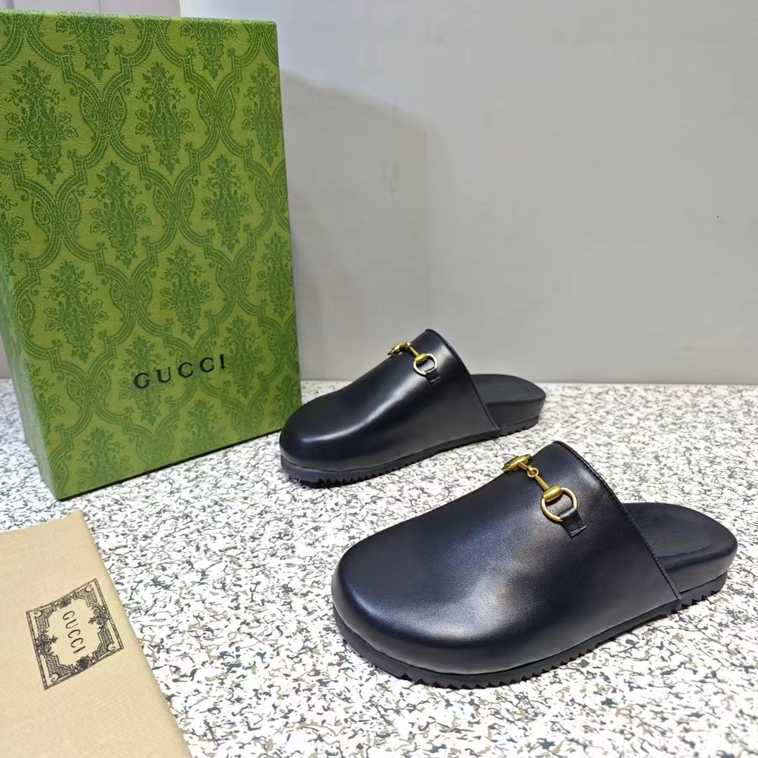 G*u*i unisex gg horsebit slipper black leather gold-toned hardware flat 2 cm heel