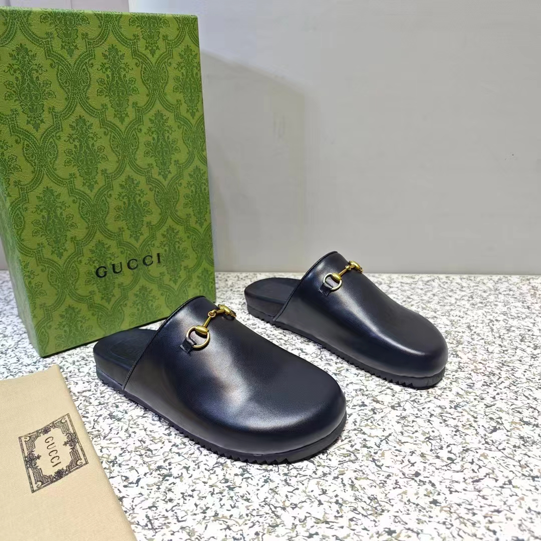 G*u*i unisex gg horsebit slipper black leather gold-toned hardware flat 2 cm heel