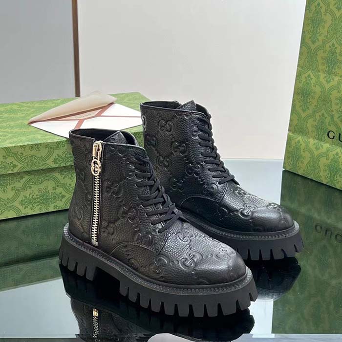 G*u*i unisex gg leather boots rubber lug sole lace-up interlocking g flats