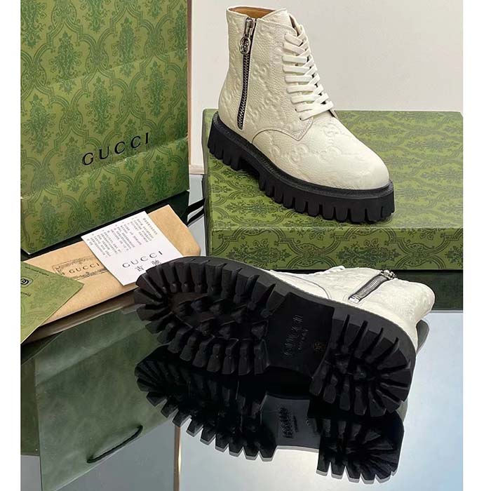 G*u*i unisex gg leather boots white rubber lug sole lace-up interlocking g flats