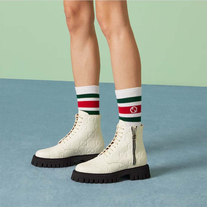 G*u*i unisex gg leather boots white rubber lug sole lace-up interlocking g flats