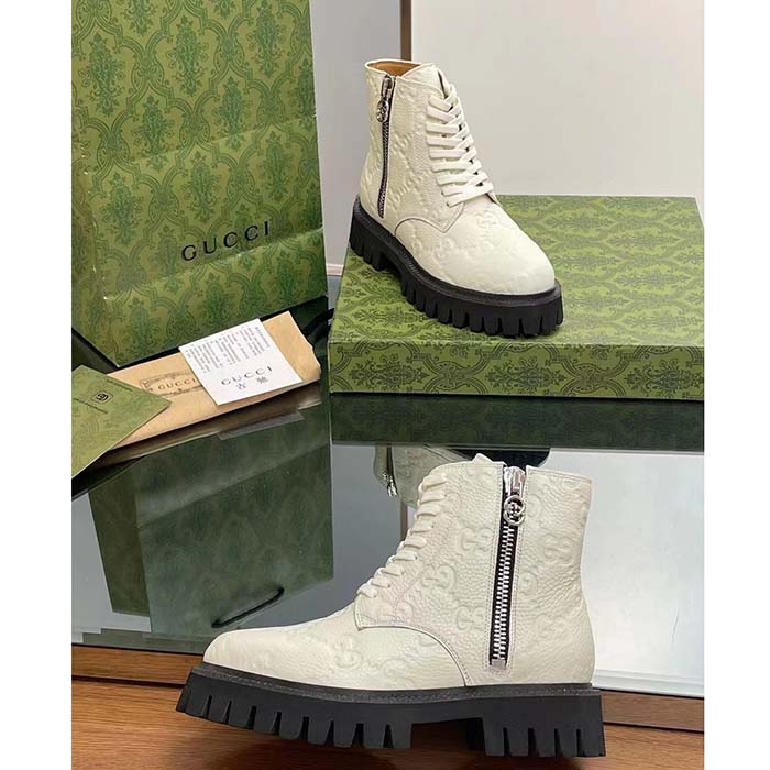 G*u*i unisex gg leather boots white rubber lug sole lace-up interlocking g flats