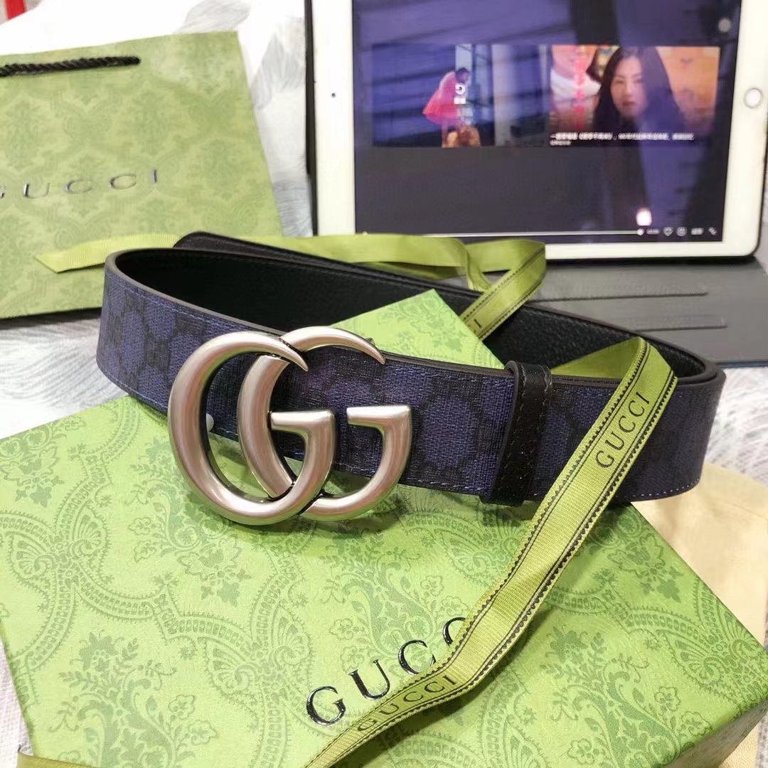 G*u*i unisex gg marmont reversible belt dark blue supreme canvas double g buckle