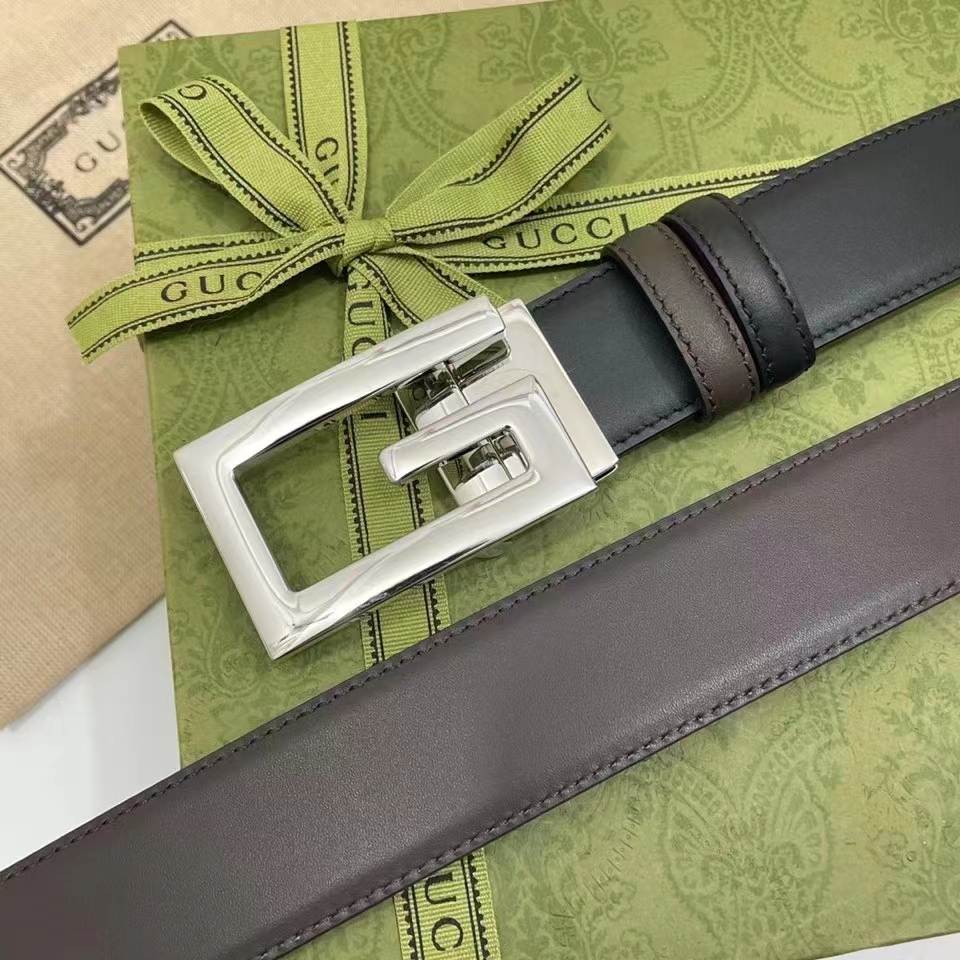 G*u*i unisex gg reversible belt square g buckle black leather reverses brown leather