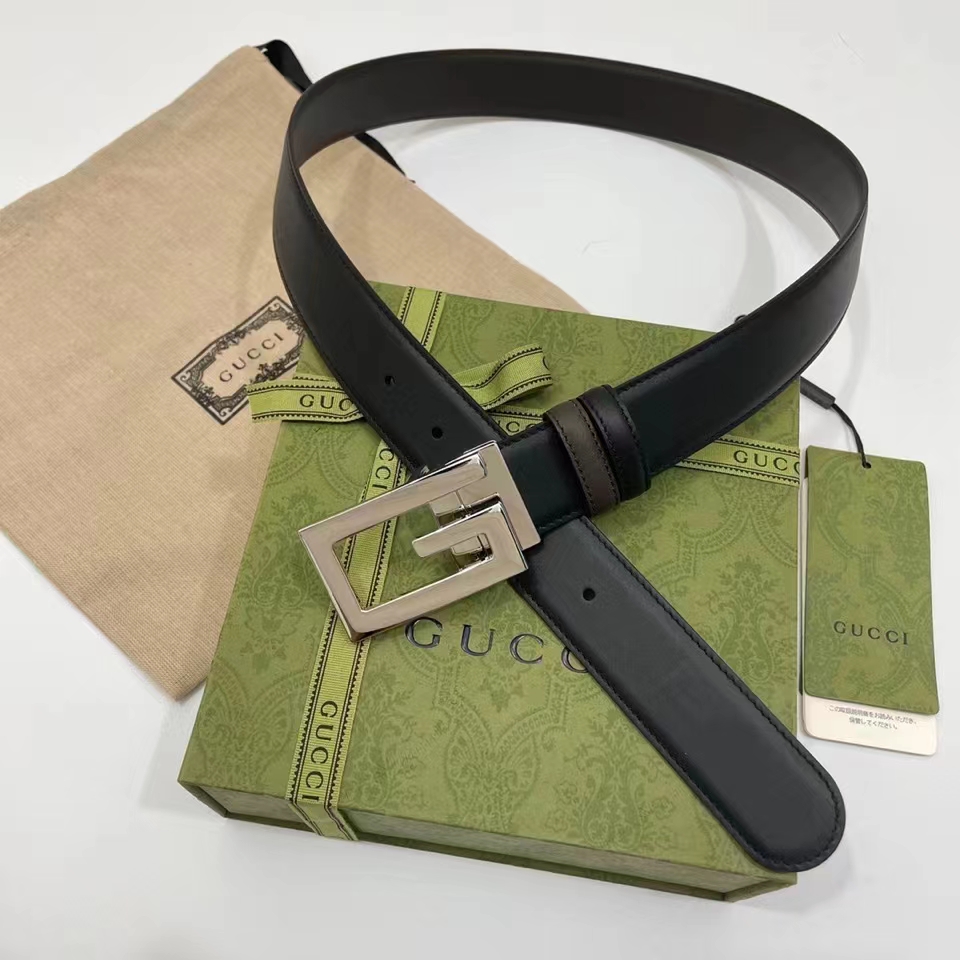 G*u*i unisex gg reversible belt square g buckle black leather reverses brown leather