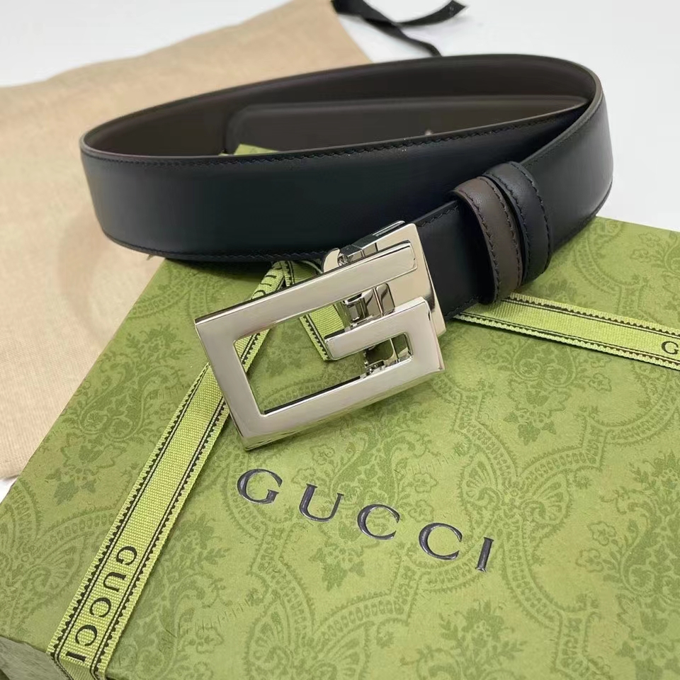 G*u*i unisex gg reversible belt square g buckle black leather reverses brown leather