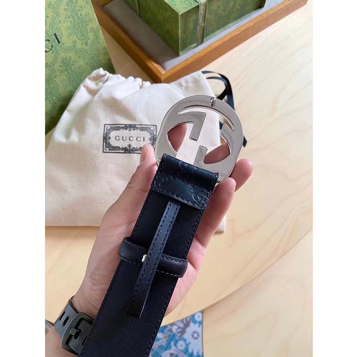 G*u*i unisex gg signature leather belt black interlocking g buckle 3.8 cm width