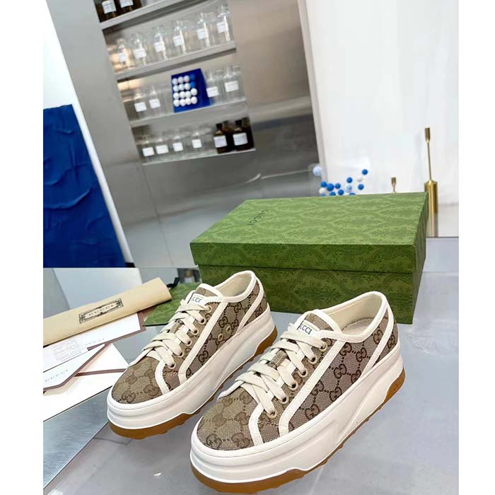 G*u*i unisex gg sneaker beige ebony original gg canvas rubber sole interlocking g flat