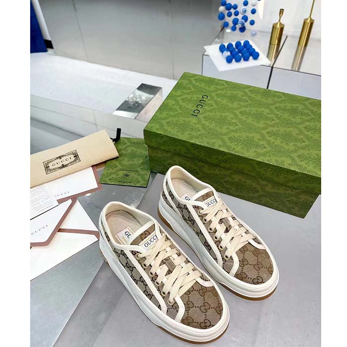 G*u*i unisex gg sneaker beige ebony original gg canvas rubber sole interlocking g flat