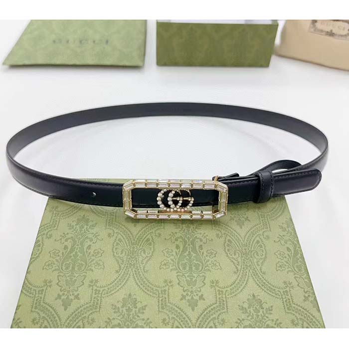 G*u*i unisex gg thin belt crystal double g buckle black leather 2 cm width