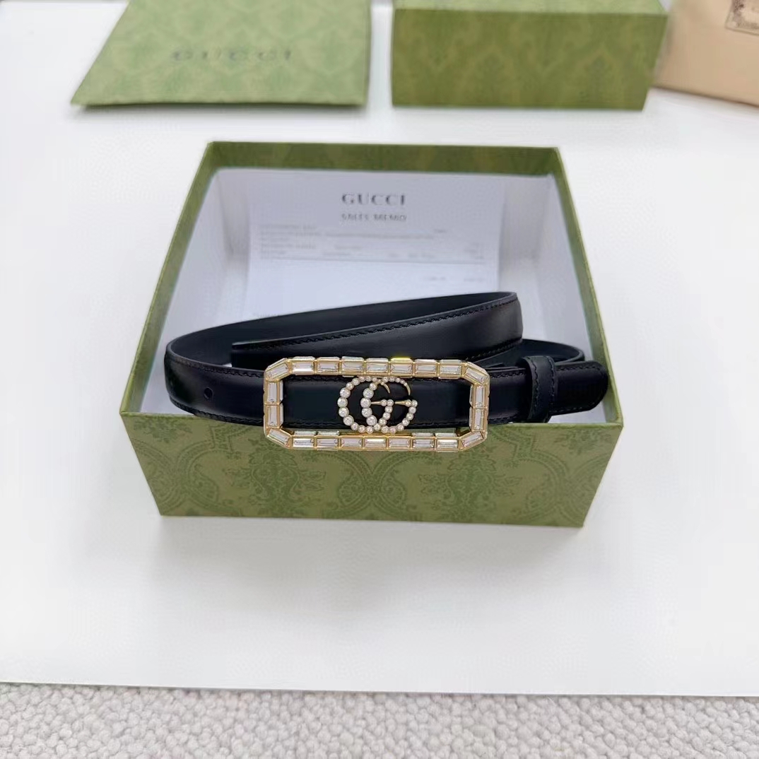 G*u*i unisex gg thin belt crystal double g buckle black leather 2 cm width