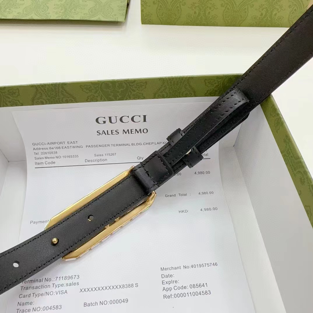 G*u*i unisex gg thin belt crystal double g buckle black leather 2 cm width