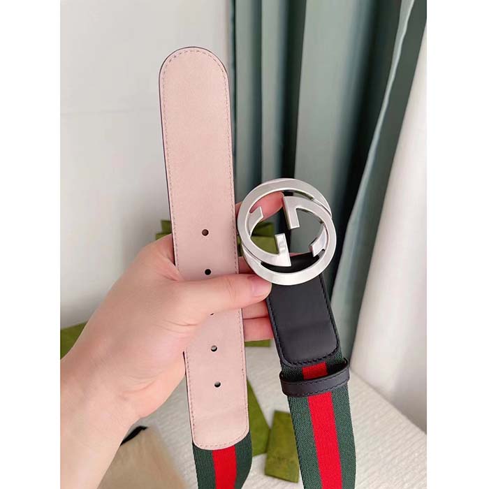 G*u*i unisex gg web belt interlocking g buckle green red web black leather 3.8 cm width