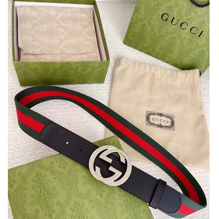 G*u*i unisex gg web belt interlocking g buckle green red web black leather 3.8 cm width