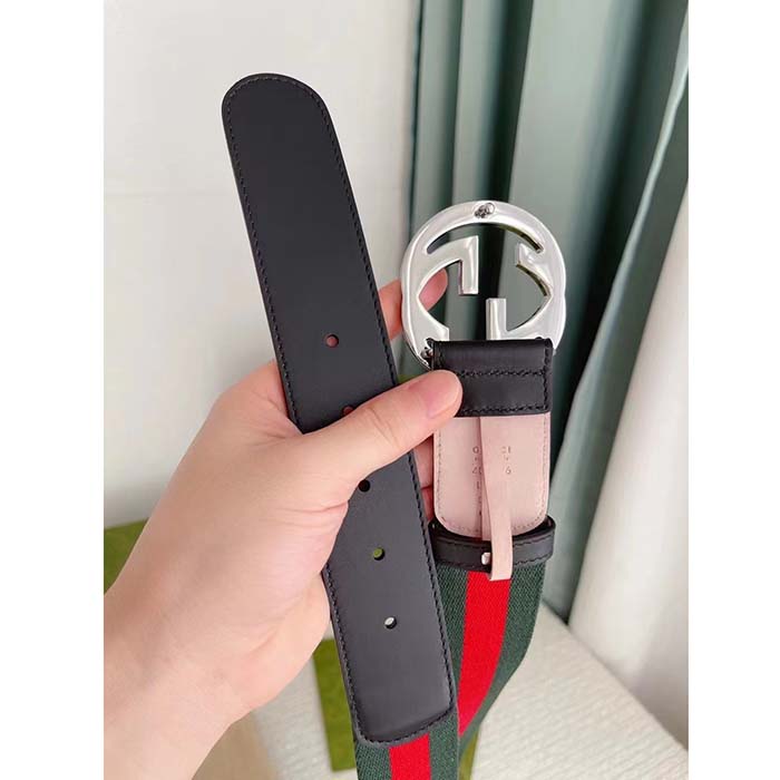 G*u*i unisex gg web belt interlocking g buckle green red web black leather 3.8 cm width