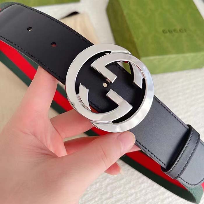 G*u*i unisex gg web belt interlocking g buckle green red web black leather 3.8 cm width