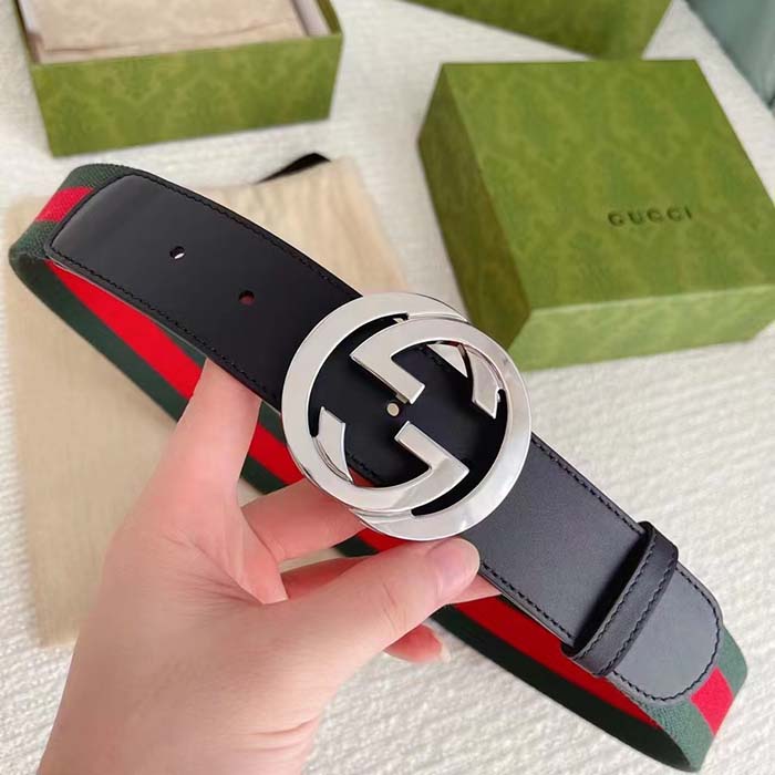 G*u*i unisex gg web belt interlocking g buckle green red web black leather 3.8 cm width