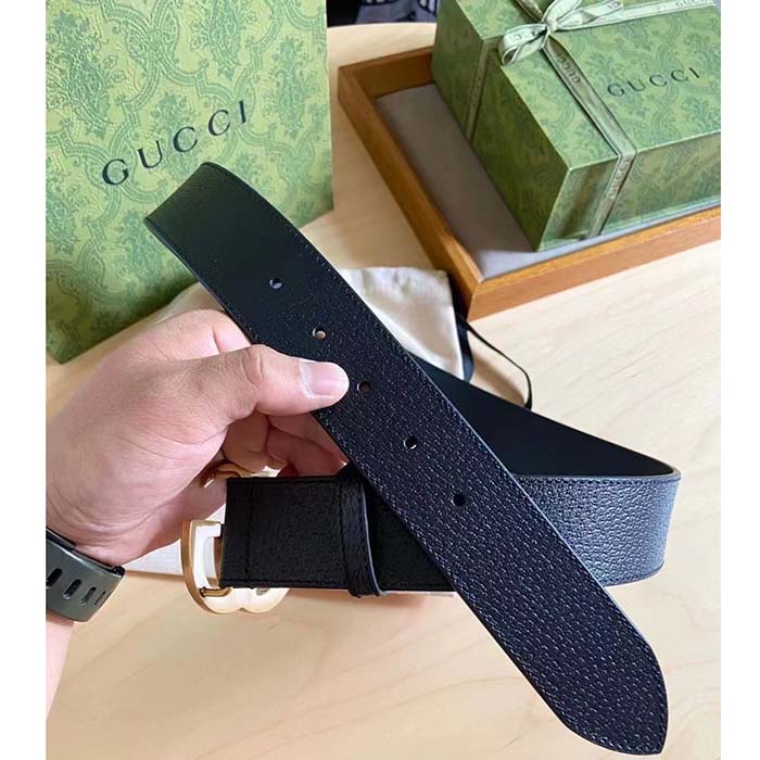 G*u*i unisex gg wide leather belt double g buckle 3.8 cm width black metal-free tanned