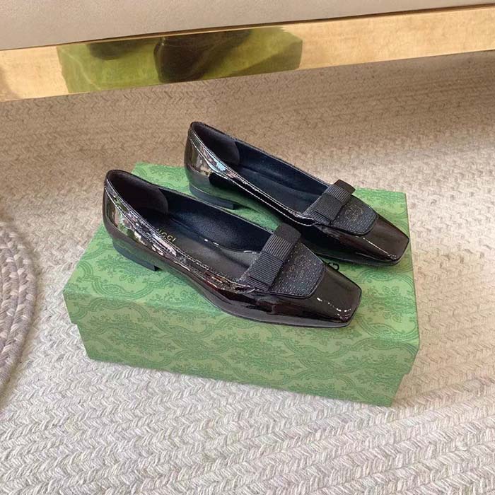 G*u*i women ballet flats gg canvas black patent leather bow sole square toe