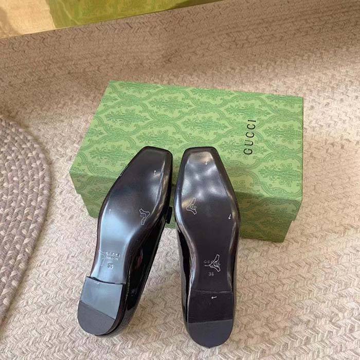 G*u*i women ballet flats gg canvas black patent leather bow sole square toe