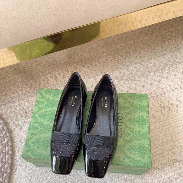 G*u*i women ballet flats gg canvas black patent leather bow sole square toe