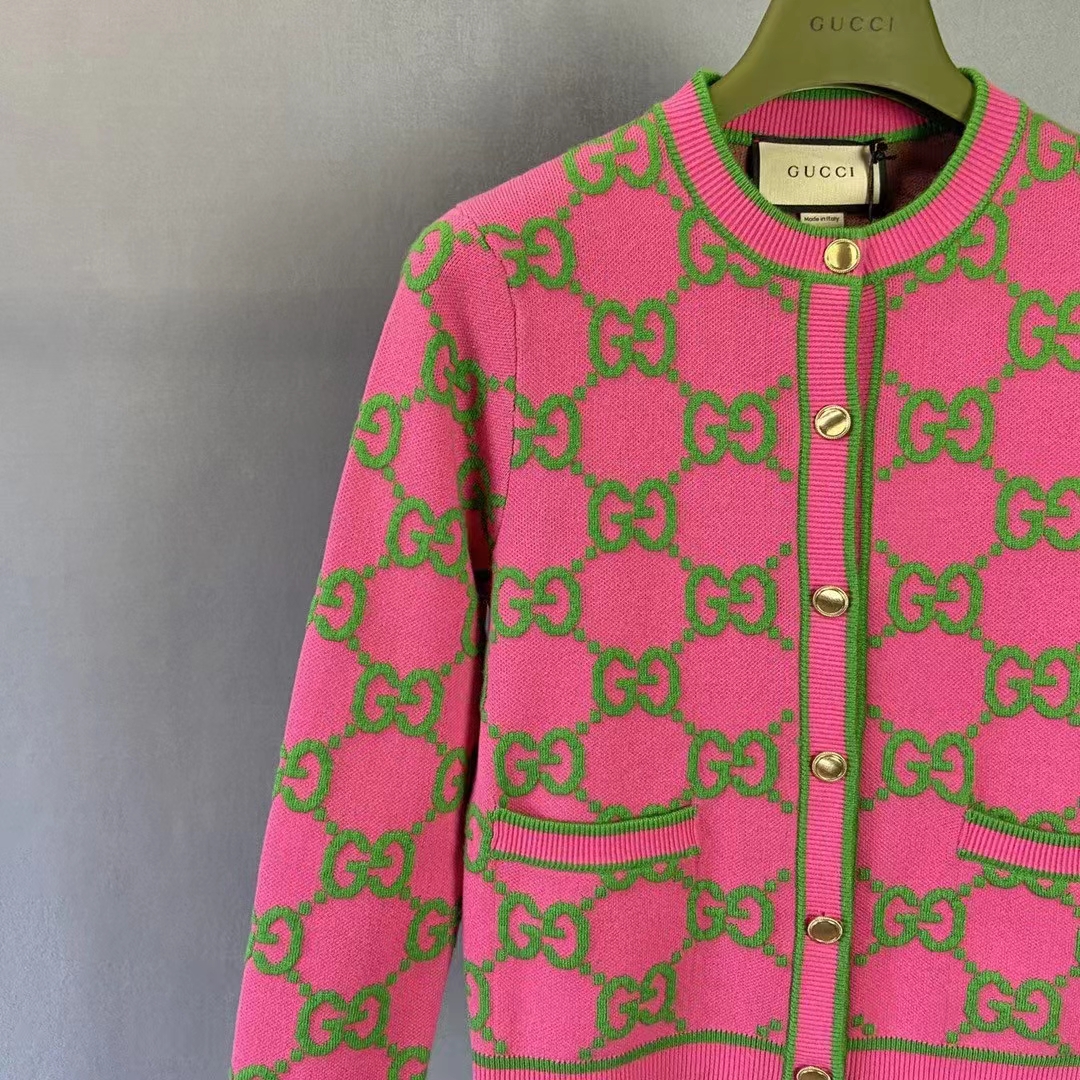 G*u*i women cotton silk blend cardigan fuchsia green jacquard crewneck long sleeves