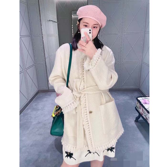 G*u*i women gg belted wool bouclé jacket white ribbon lined detachable patch pockets
