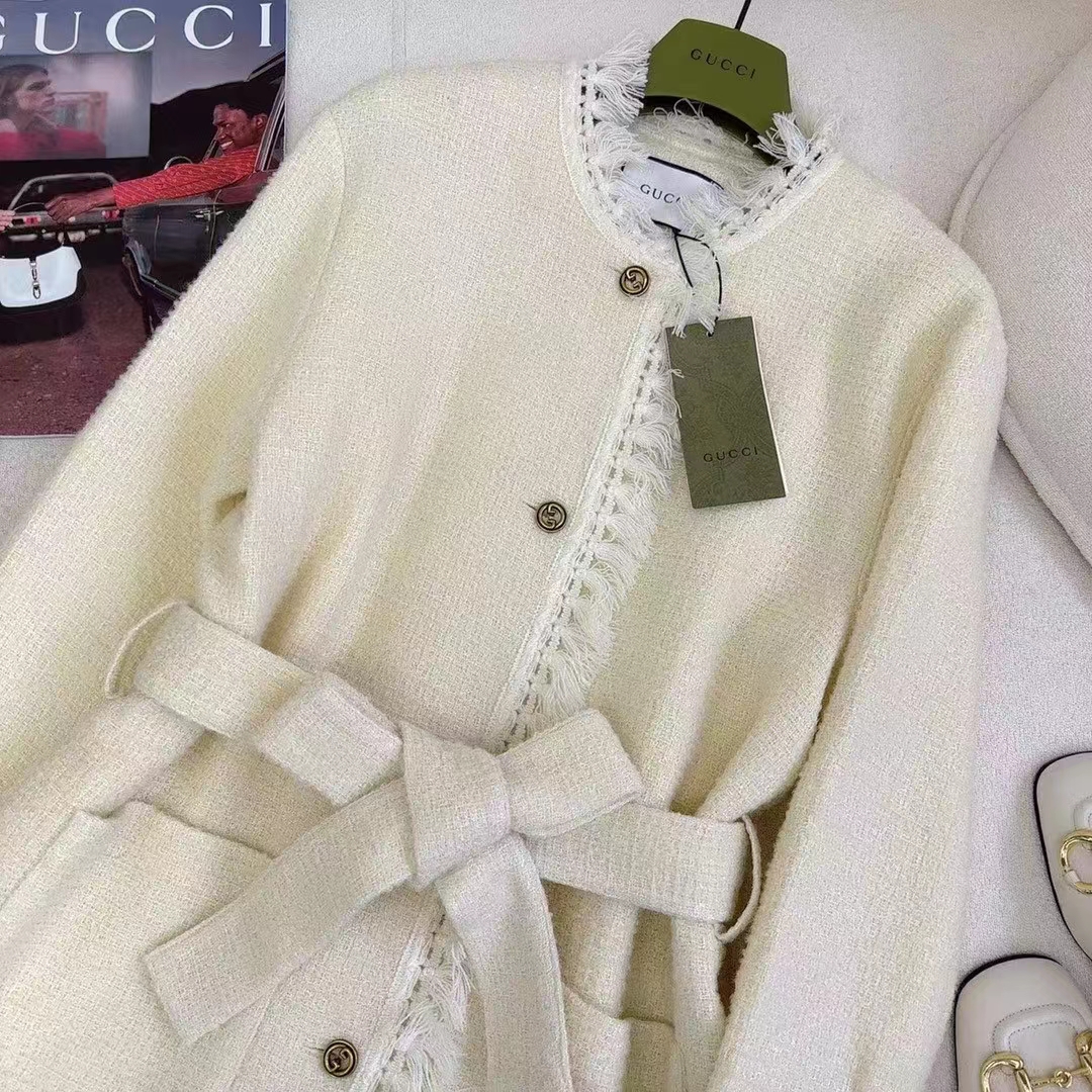 G*u*i women gg belted wool bouclé jacket white ribbon lined detachable patch pockets