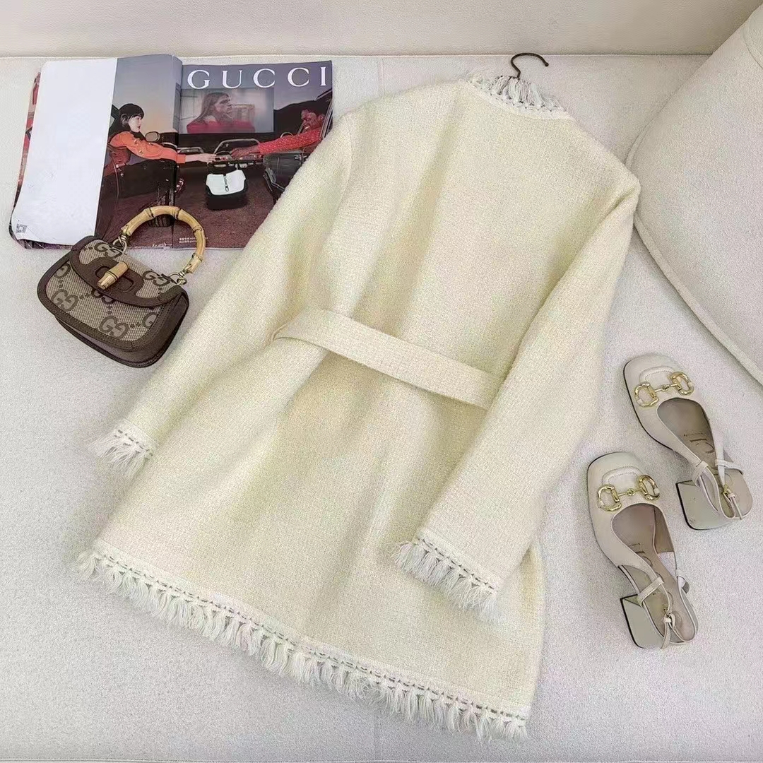 G*u*i women gg belted wool bouclé jacket white ribbon lined detachable patch pockets