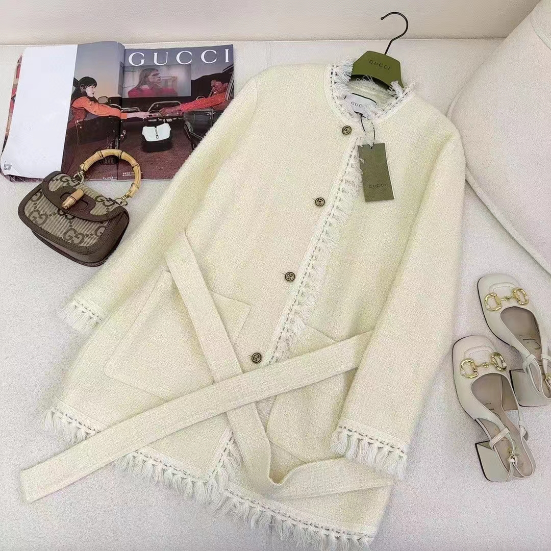 G*u*i women gg belted wool bouclé jacket white ribbon lined detachable patch pockets