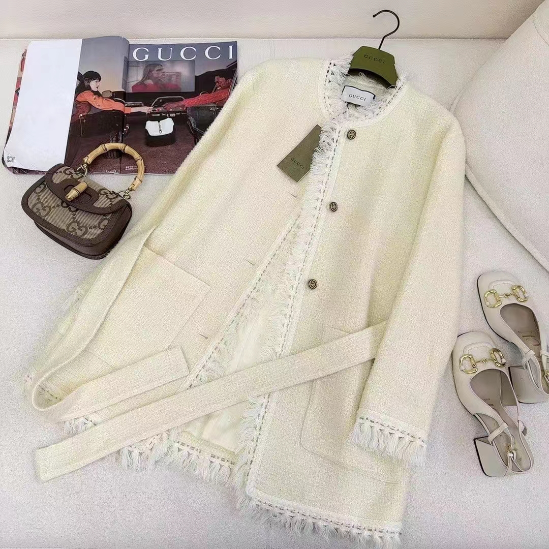 G*u*i women gg belted wool bouclé jacket white ribbon lined detachable patch pockets