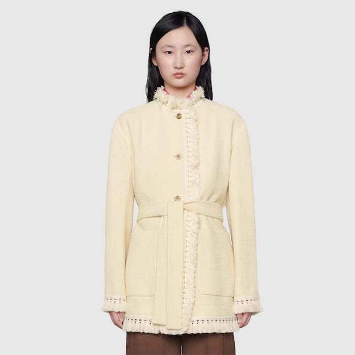 G*u*i women gg belted wool bouclé jacket white ribbon lined detachable patch pockets