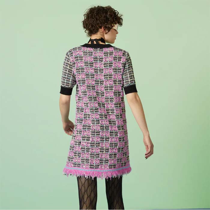 G*u*i women gg cotton dress black pink blend double g buttons intarsia crewneck short sleeves
