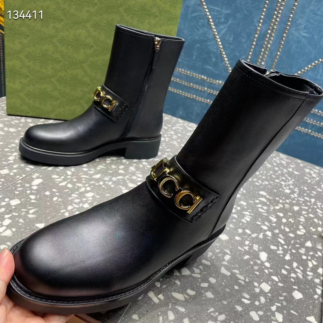 G*u*i women gg G*u*i boot black leather rubber sole mid 8.9 cm heel