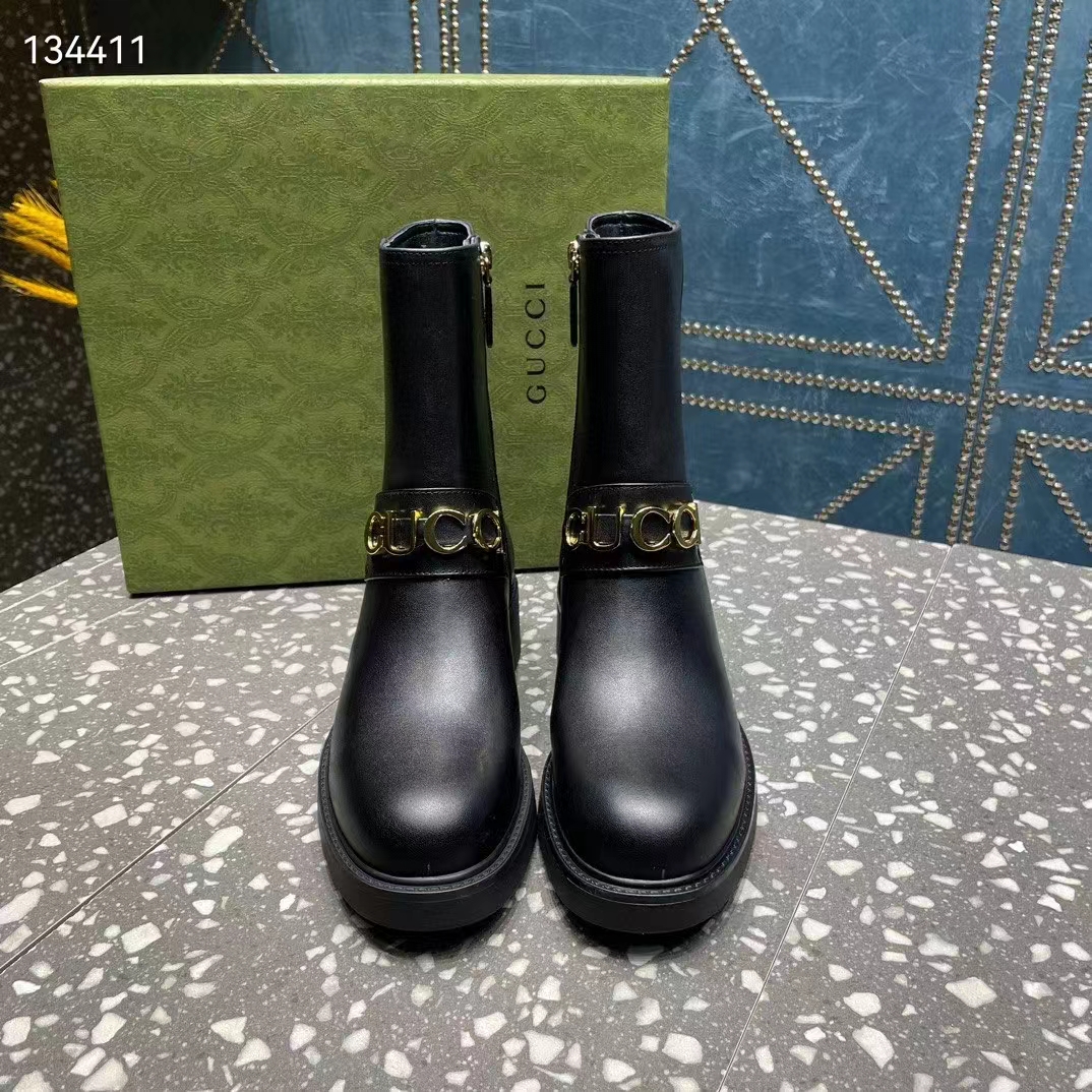 G*u*i women gg G*u*i boot black leather rubber sole mid 8.9 cm heel