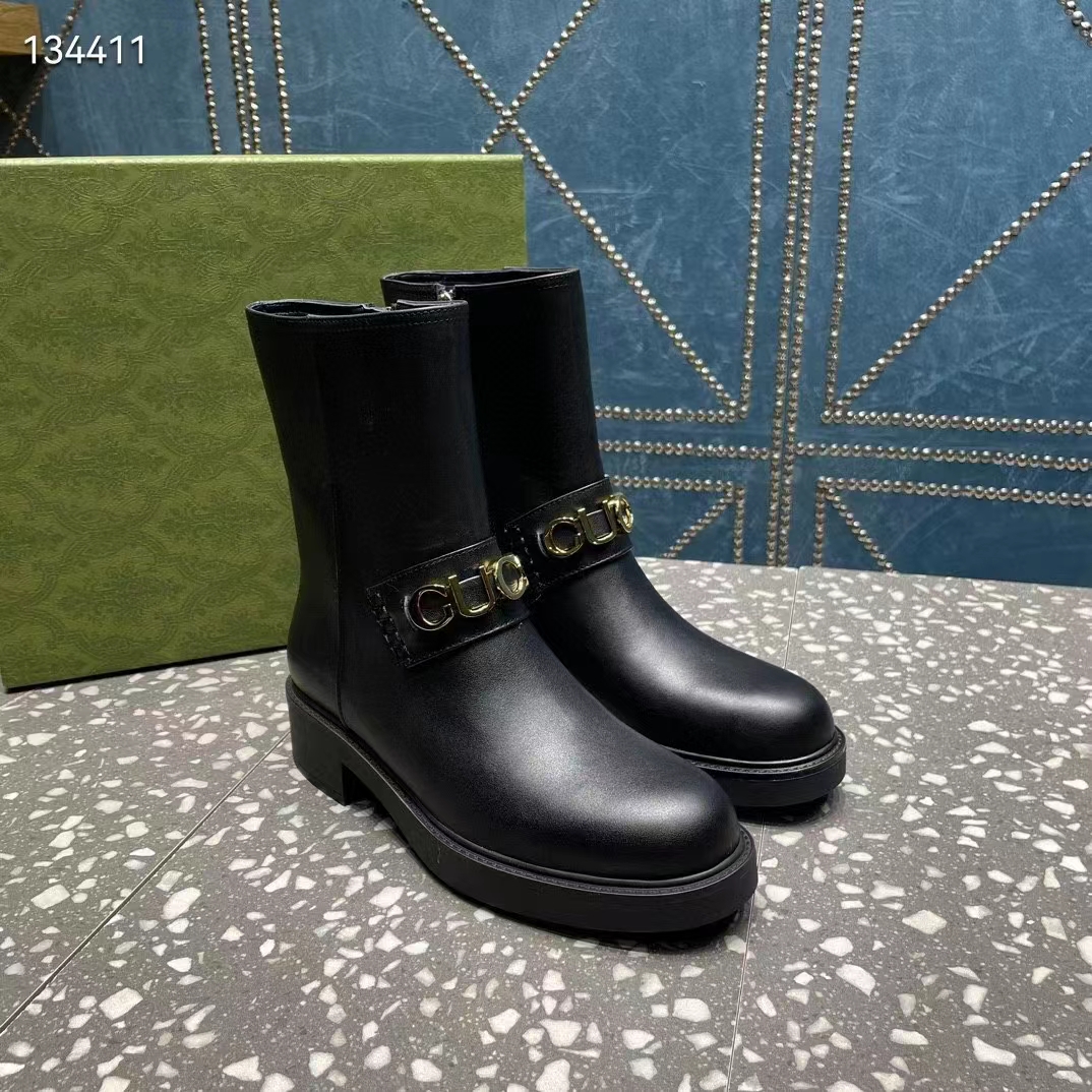 G*u*i women gg G*u*i boot black leather rubber sole mid 8.9 cm heel
