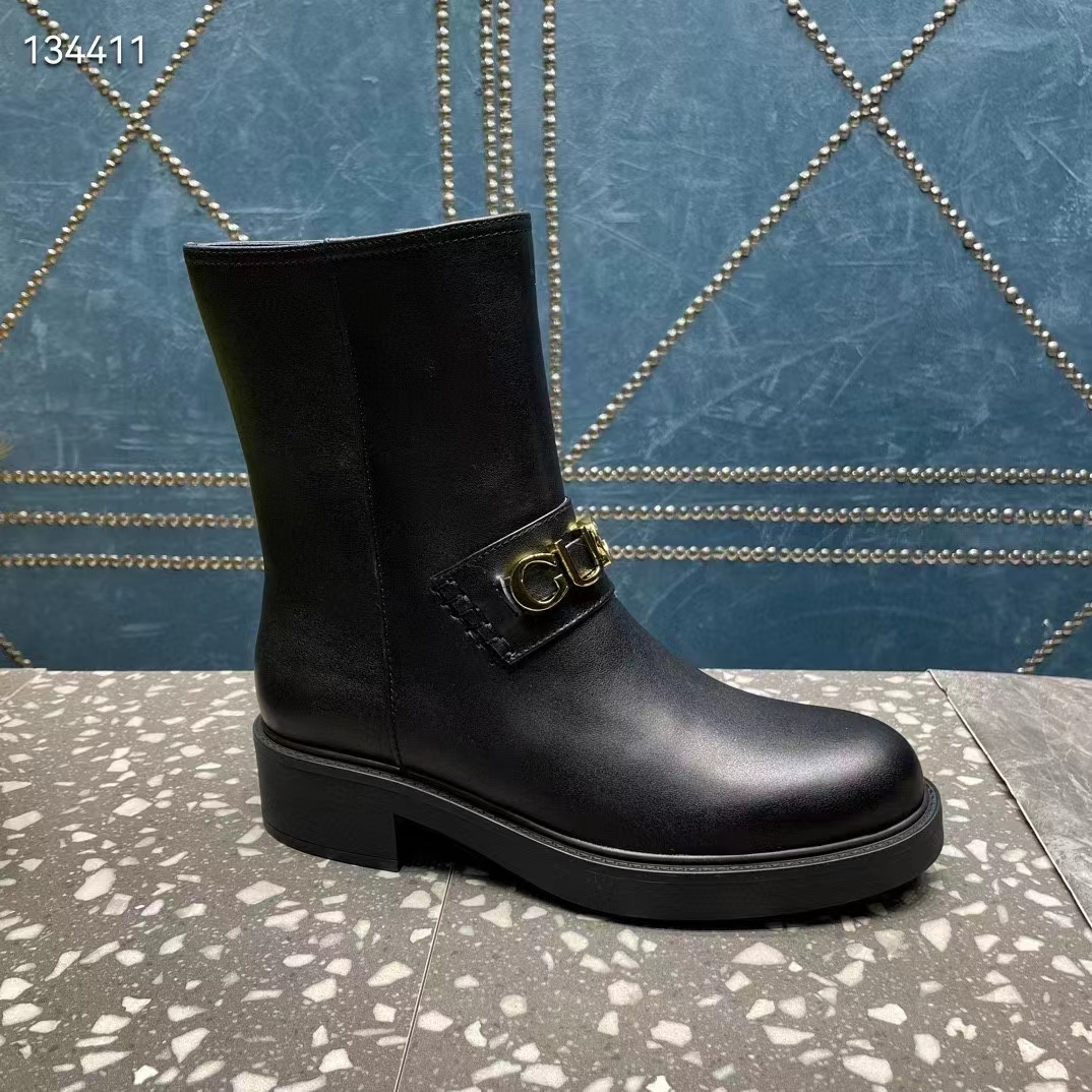G*u*i women gg G*u*i boot black leather rubber sole mid 8.9 cm heel