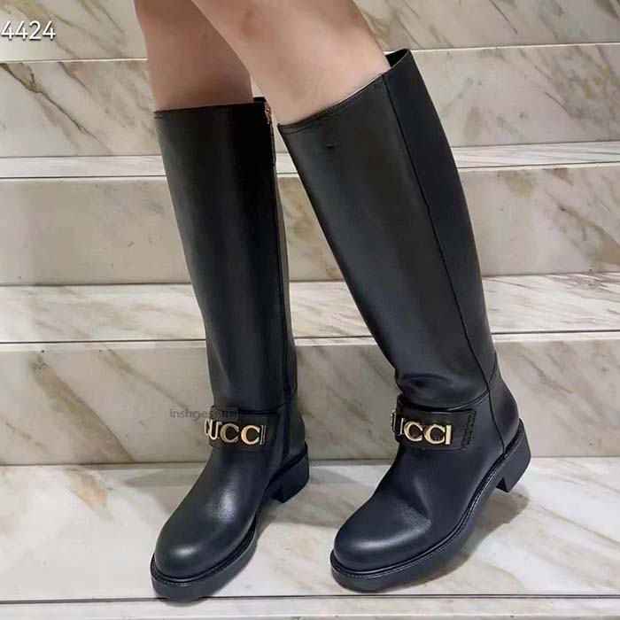 G*u*i women gg G*u*i boot black leather rubber sole side zip closure flat 2.3 cm heel
