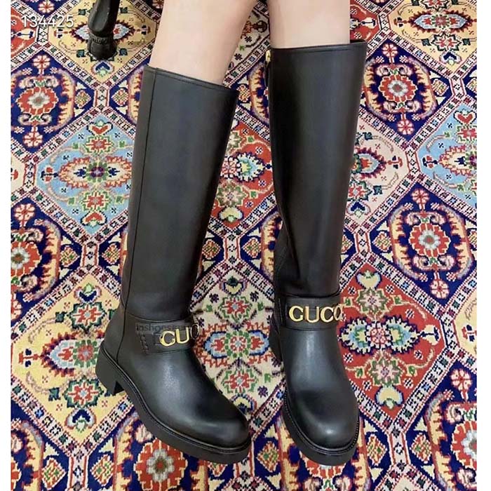 G*u*i women gg G*u*i boot black leather rubber sole side zip closure flat 2.3 cm heel