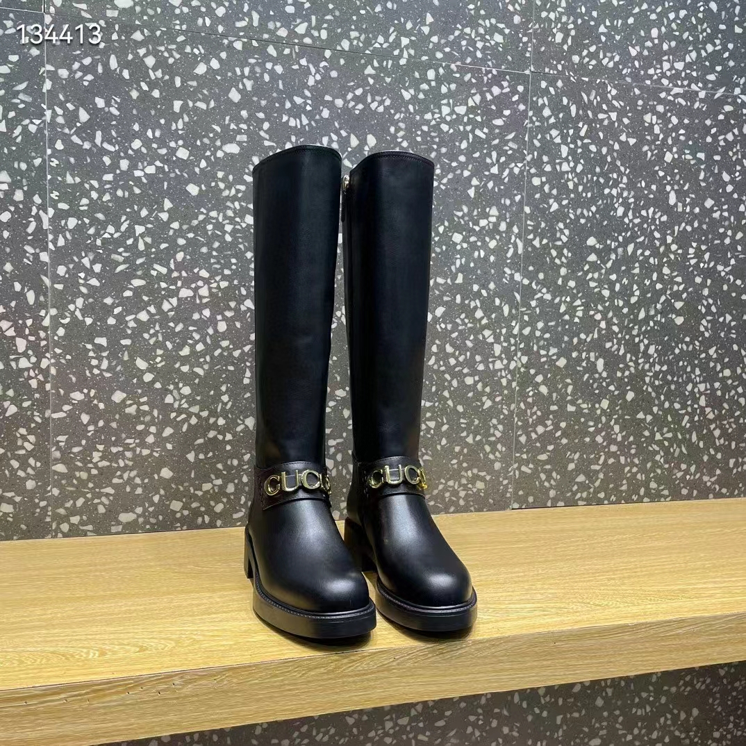 G*u*i women gg G*u*i boot black leather rubber sole side zip closure flat 2.3 cm heel