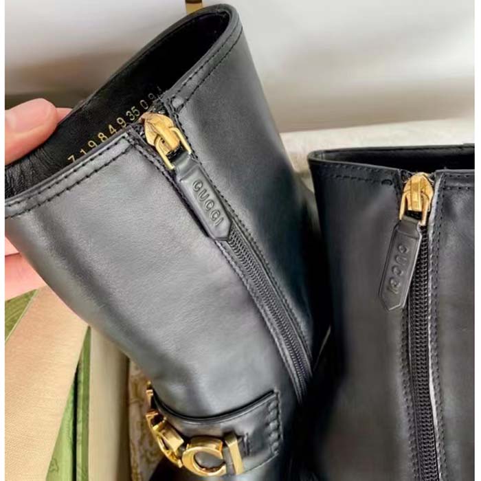 G*u*i women gg G*u*i boot black leather script rubber sole side zip closure mid-heel