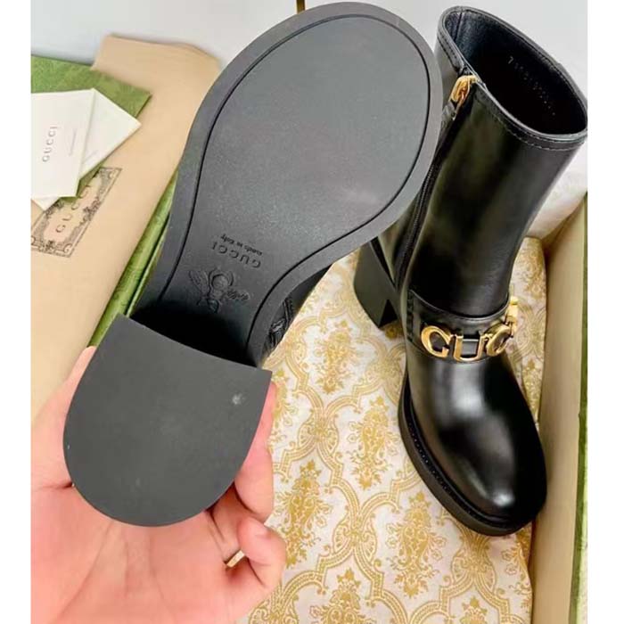 G*u*i women gg G*u*i boot black leather script rubber sole side zip closure mid-heel