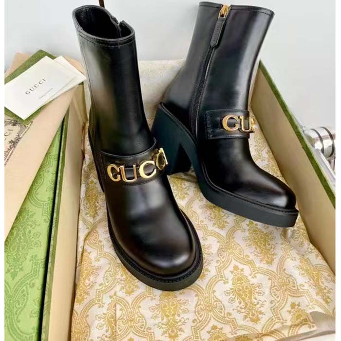 G*u*i women gg G*u*i boot black leather script rubber sole side zip closure mid-heel