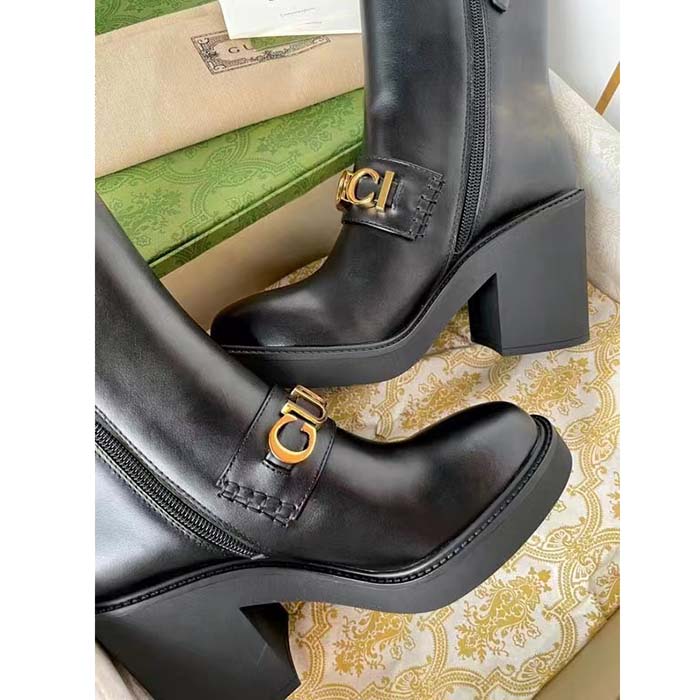 G*u*i women gg G*u*i boot black leather script rubber sole side zip closure mid-heel